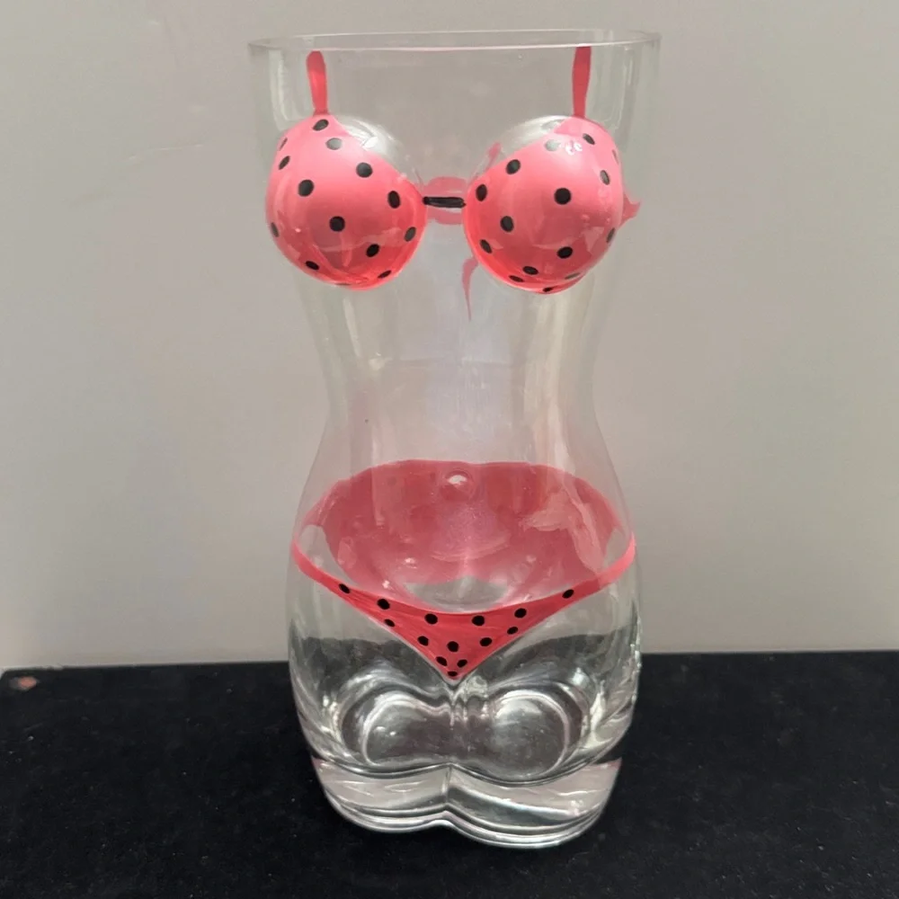 novelty glass/vase  woman's torso, decorated w/pink, polka-dotted bikini 10.24”